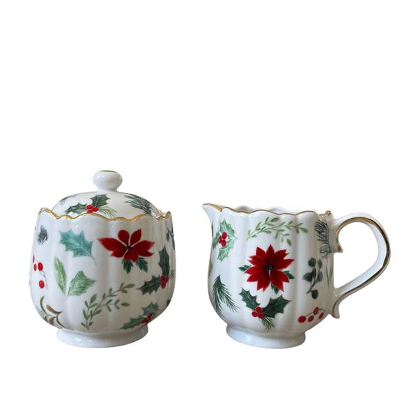 Grace Teaware Christmas Holly Poinsettia Porcelain Sugar & Creamer Set New - Picture 16 of 16